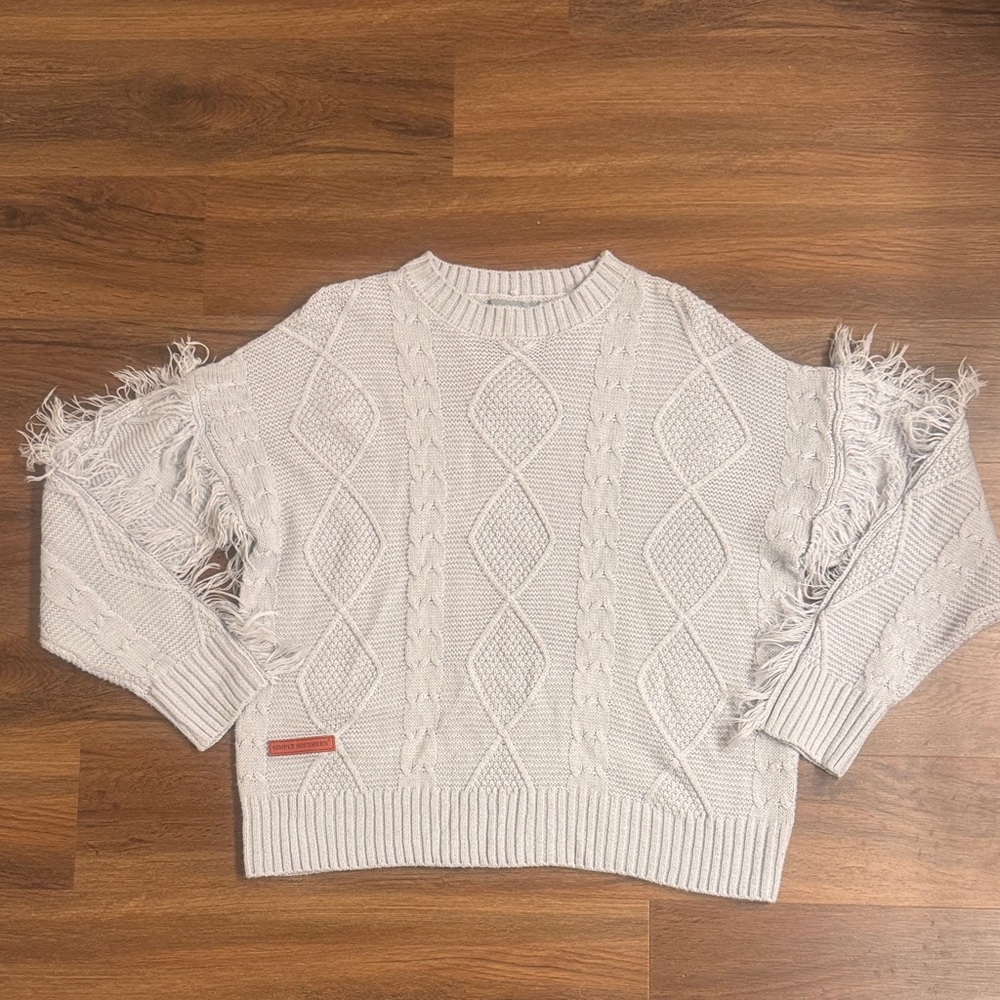 Simply Southern Gray Cable Knit Sweater with Sleeve Fringe
